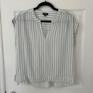 Splendid Pale Blue & White Vertical Stripe Cap-Sleeve Notch-Neck Top